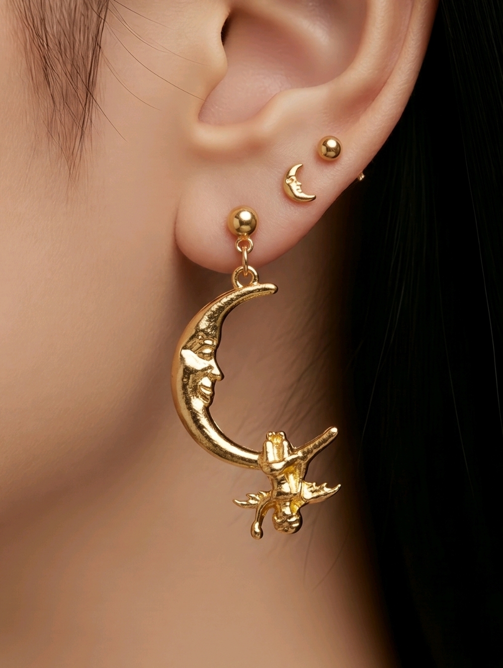 Gold Moon Face Cherub Earrings Celestial Fairy Cupid Dangle Stud Whimsical New